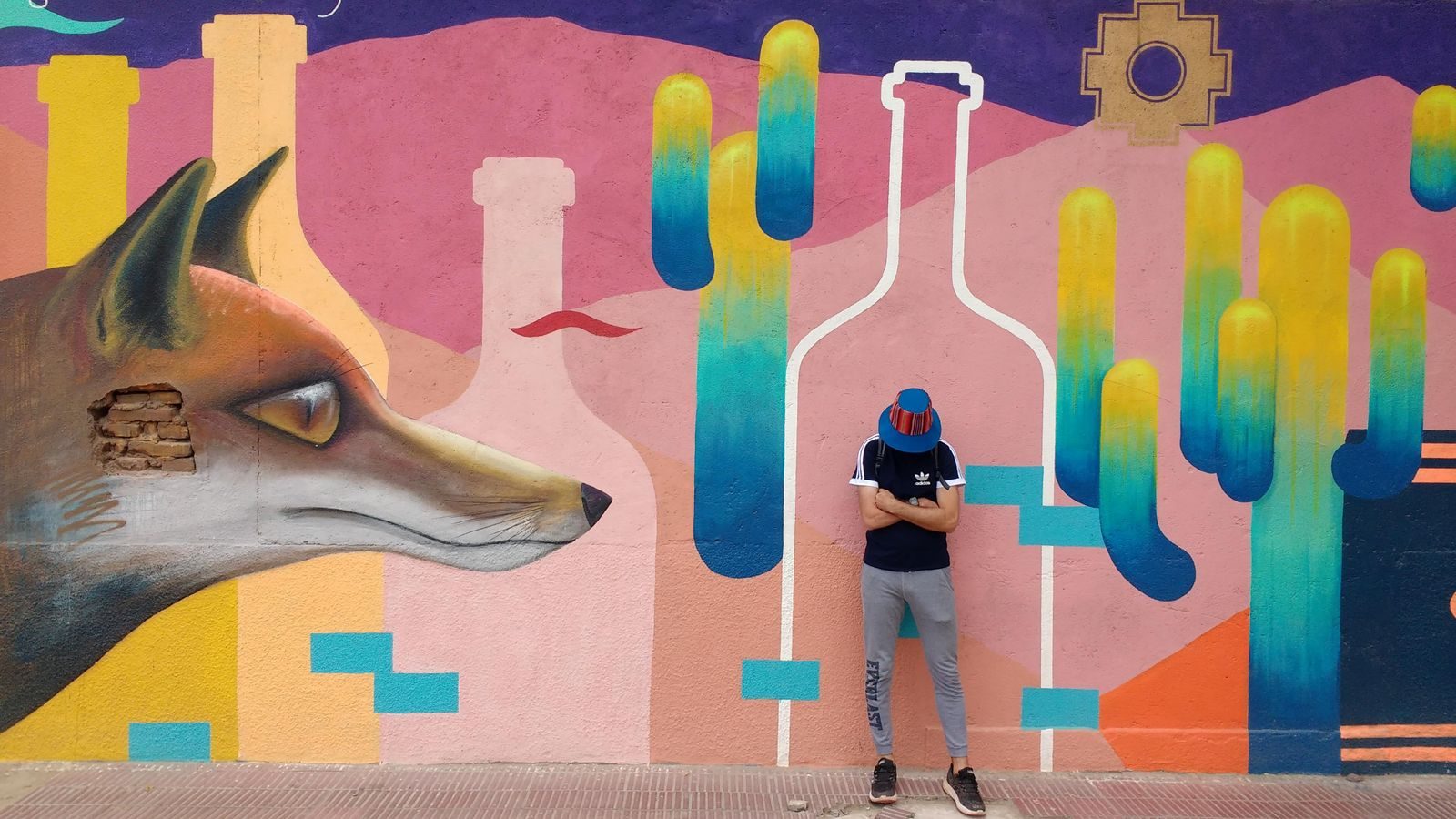 Vibrant street art with a person standing against a colorful mural in Salta, Argentina.